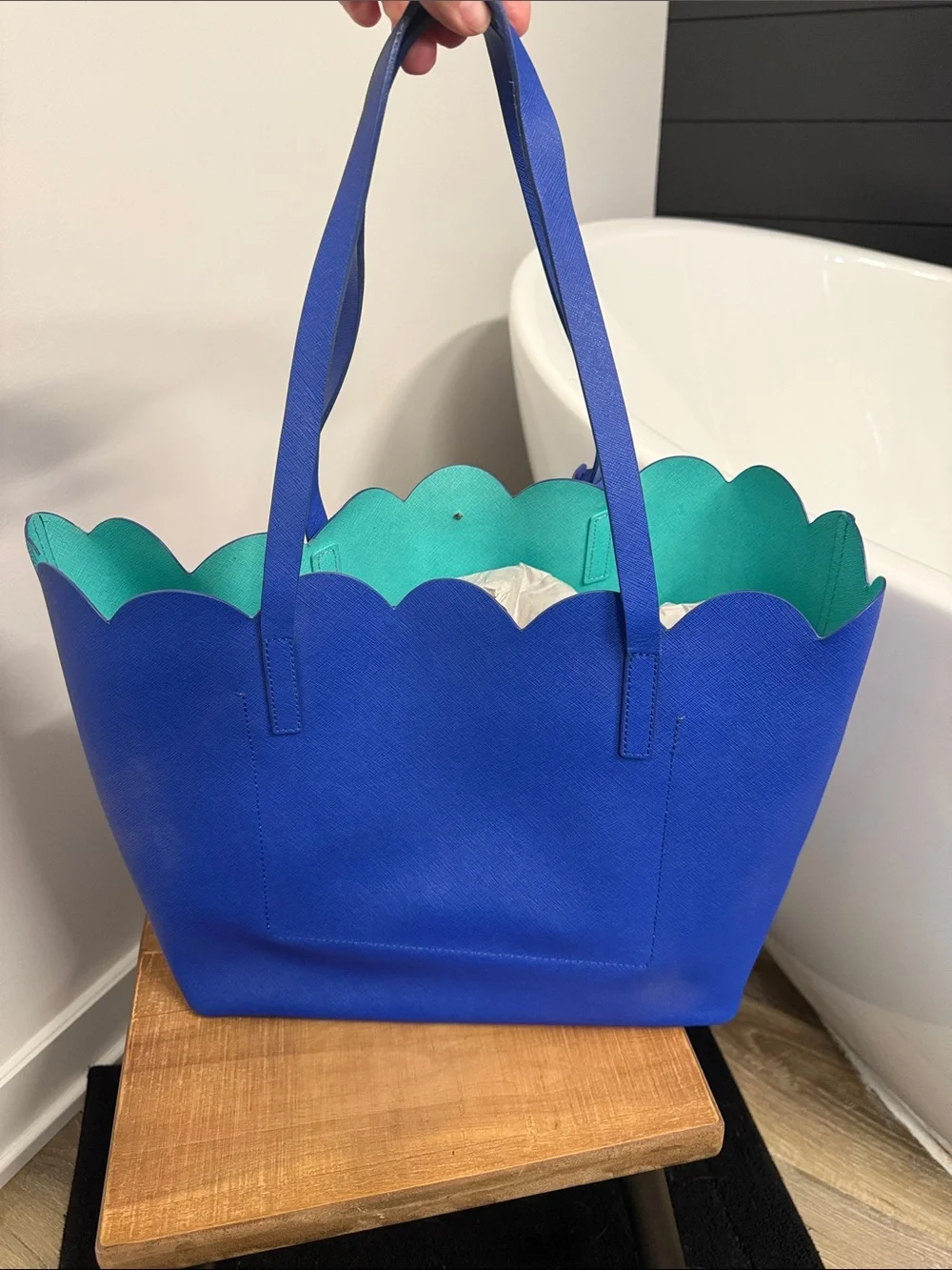 kate spade cobalt blue tote with teal scalloped trim